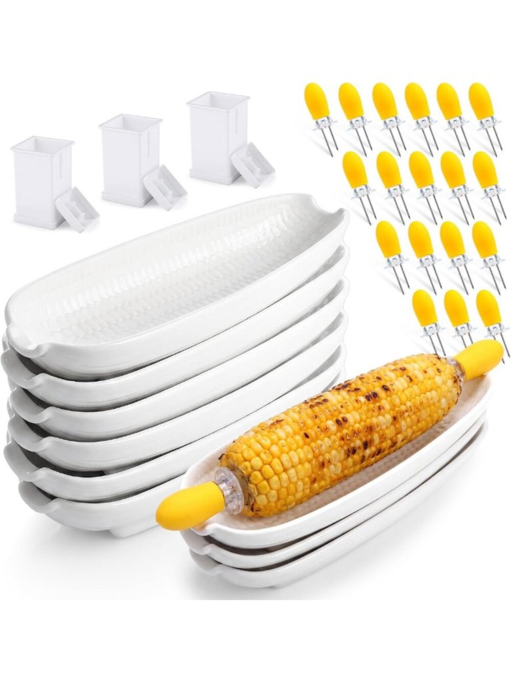 30 Pcs Corn Holders Set with Ceramic Dishes, Butter Spreaders for BBQ & Parties
